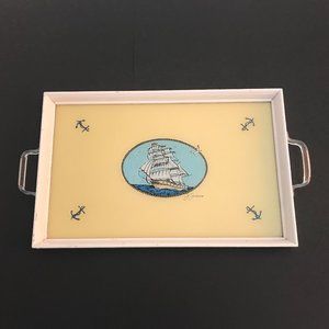 Vintage J. Jensen Foil Art Reverse Silhouettes Glass and Wood Tray with Lucite